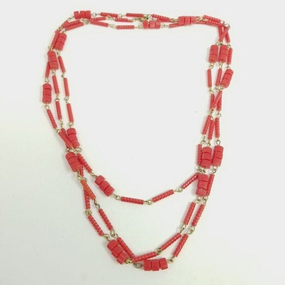 Vintage Long Red Beaded Necklace, Layered, Retro 60s 70s Style, Estate - Picture 1 of 6